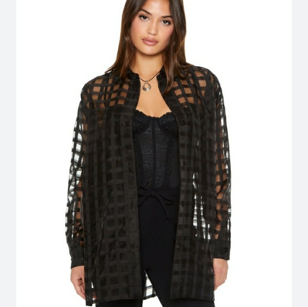 Mlle Gabriel Black Organza Sheer Windowpane Long Sleeve Button Down Top 2X